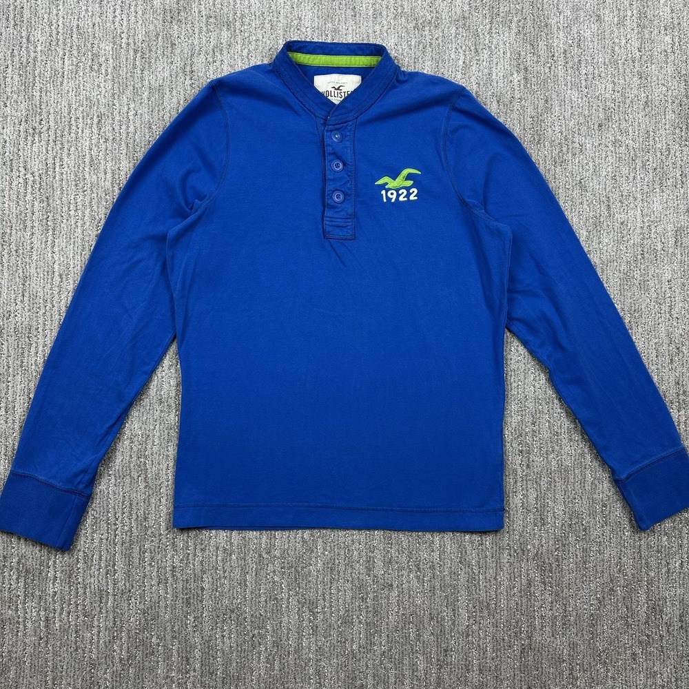 Hollister Mens Y2K Henley Shirt Blue Size XL‎ Logo Preppy Long Sleeve Button